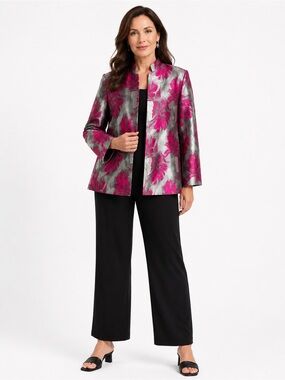 MISOOK Pink and Silver Floral Jacquard Knit Jacket Elegant Career Event Luxury